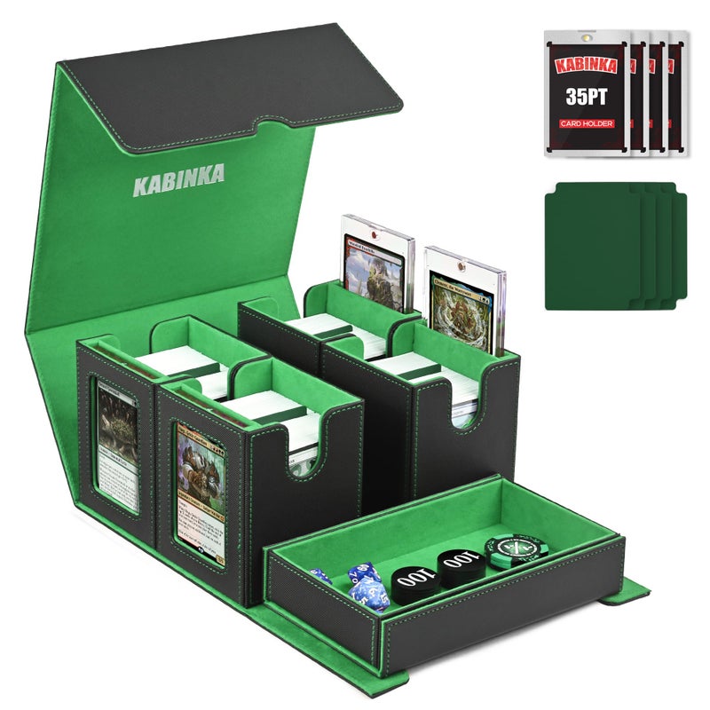 Kabinka MTG Deck Box with Commander Display -Patented Design  5 in 1 Trading Card Storage Box Fit 400 Double-sleeved Cards  Card Deck Case for TCG/Sports Cards with 4 Magnetic Card Holders(Black Green) - Image 1